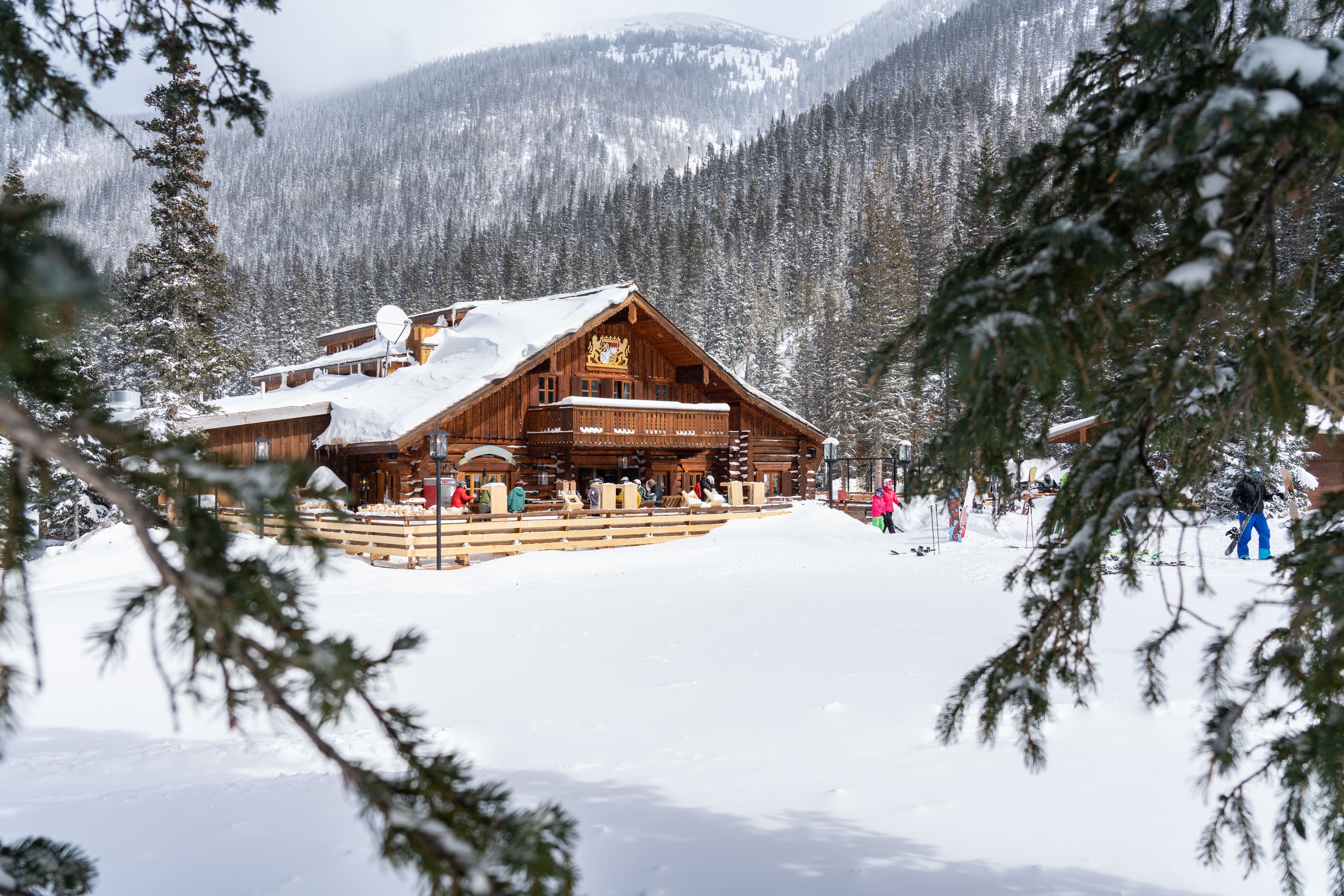 The Bavarian restaurant covered with a blanket of snow on a winter day.