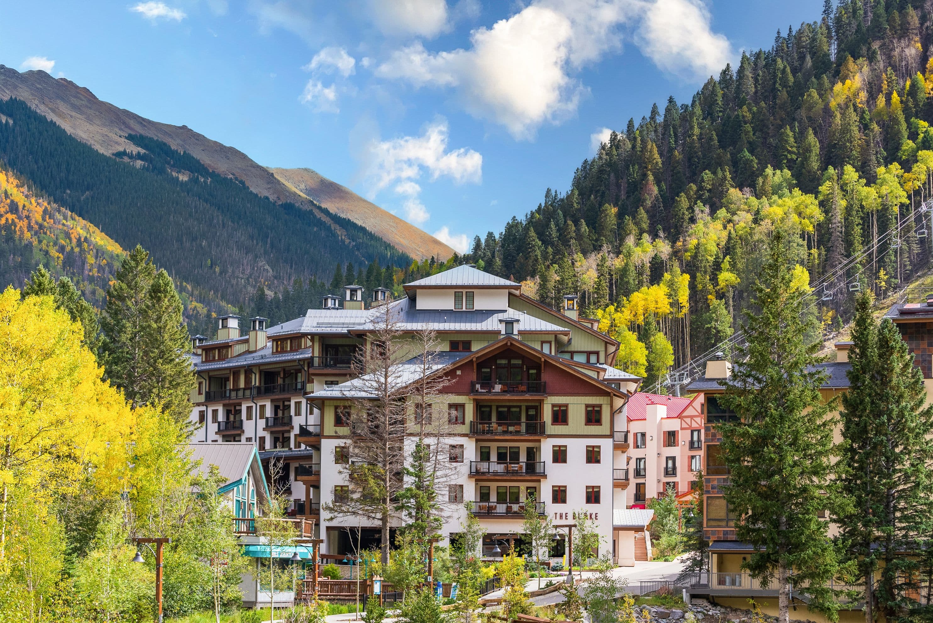 Exterior of The Blake hotel at Taos Ski Valley during fall.