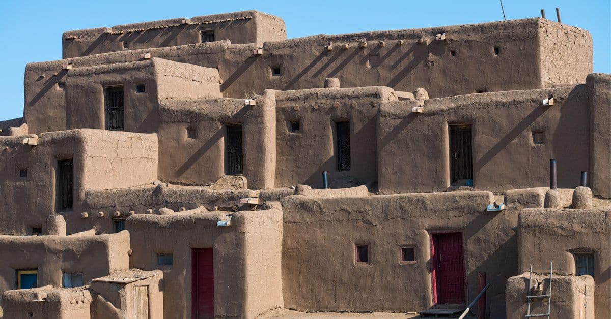 Historic adobe stacked home structure on the Taos Pueblo.